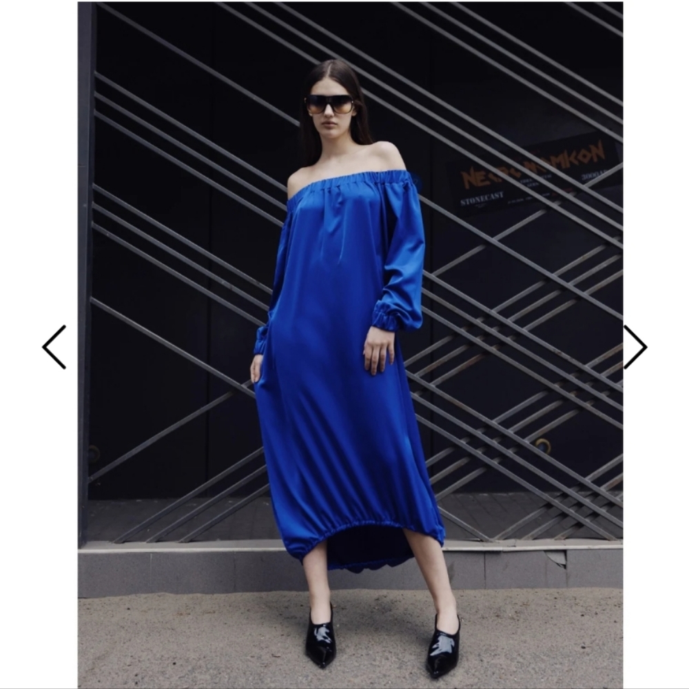 Julia Allert Blue Silk Open Shoulders Oversized Dress Blue‎ Size XL
